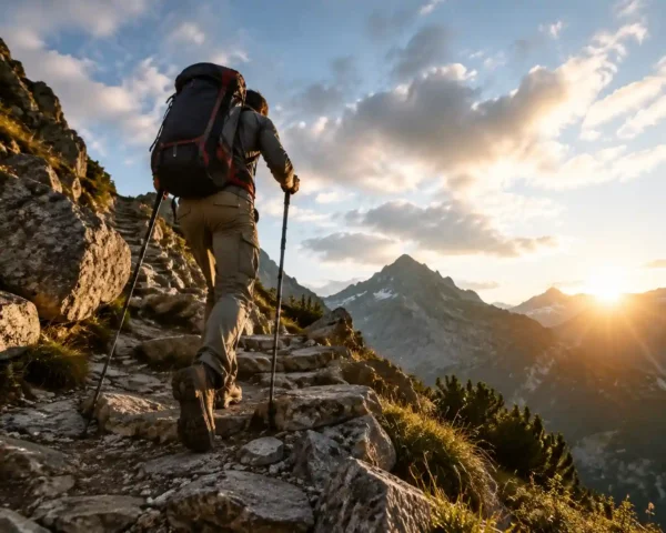 hiker ascending rocky trail sunset