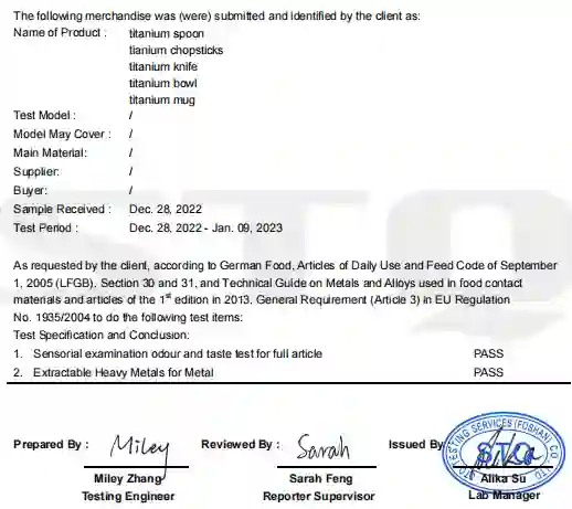 test report of titanium drinkware and cookware