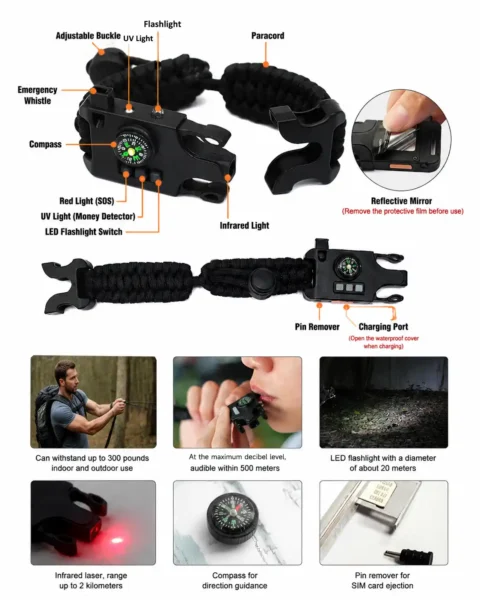 Multifunction survival bracelet with flashlight whistle compass and mirror